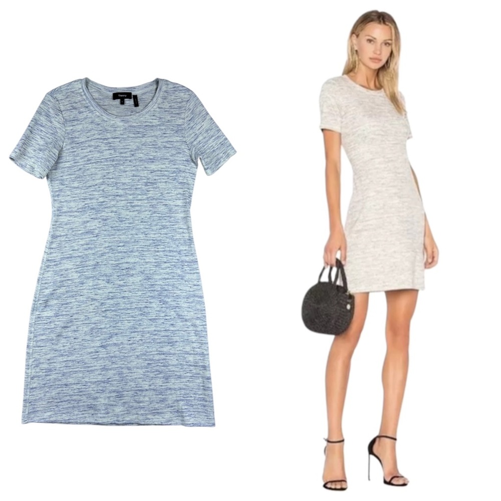 Theory Heathered Blue and Heathered Cream Short Sleeve Mini Dress